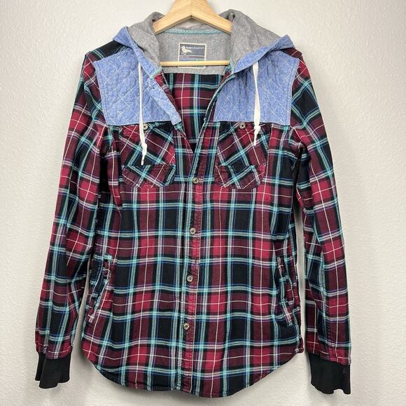 Modern Amusement Shacket Men’s Medium Button Up Flannel Plaid Denim - Picture 1 of 12